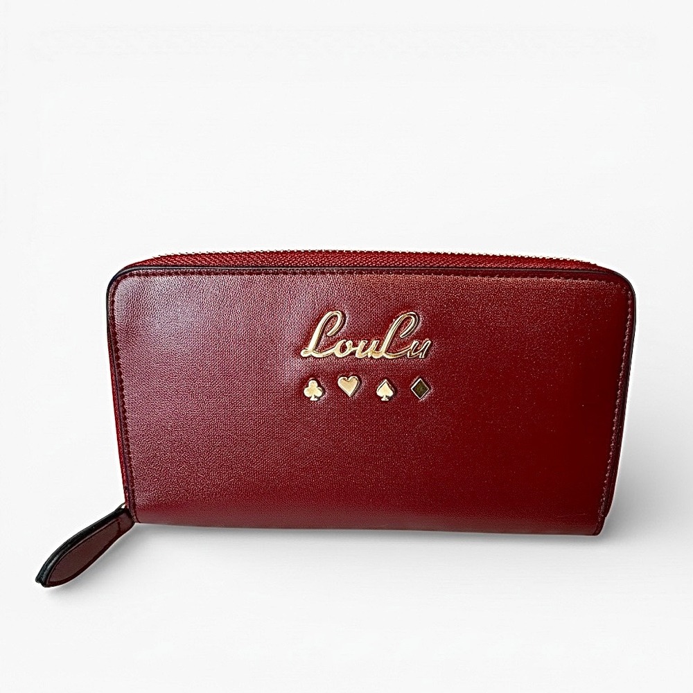 Red LouLu Fashion Zip Around Wallet Card Suit Charms Gold Logo Faux Leather